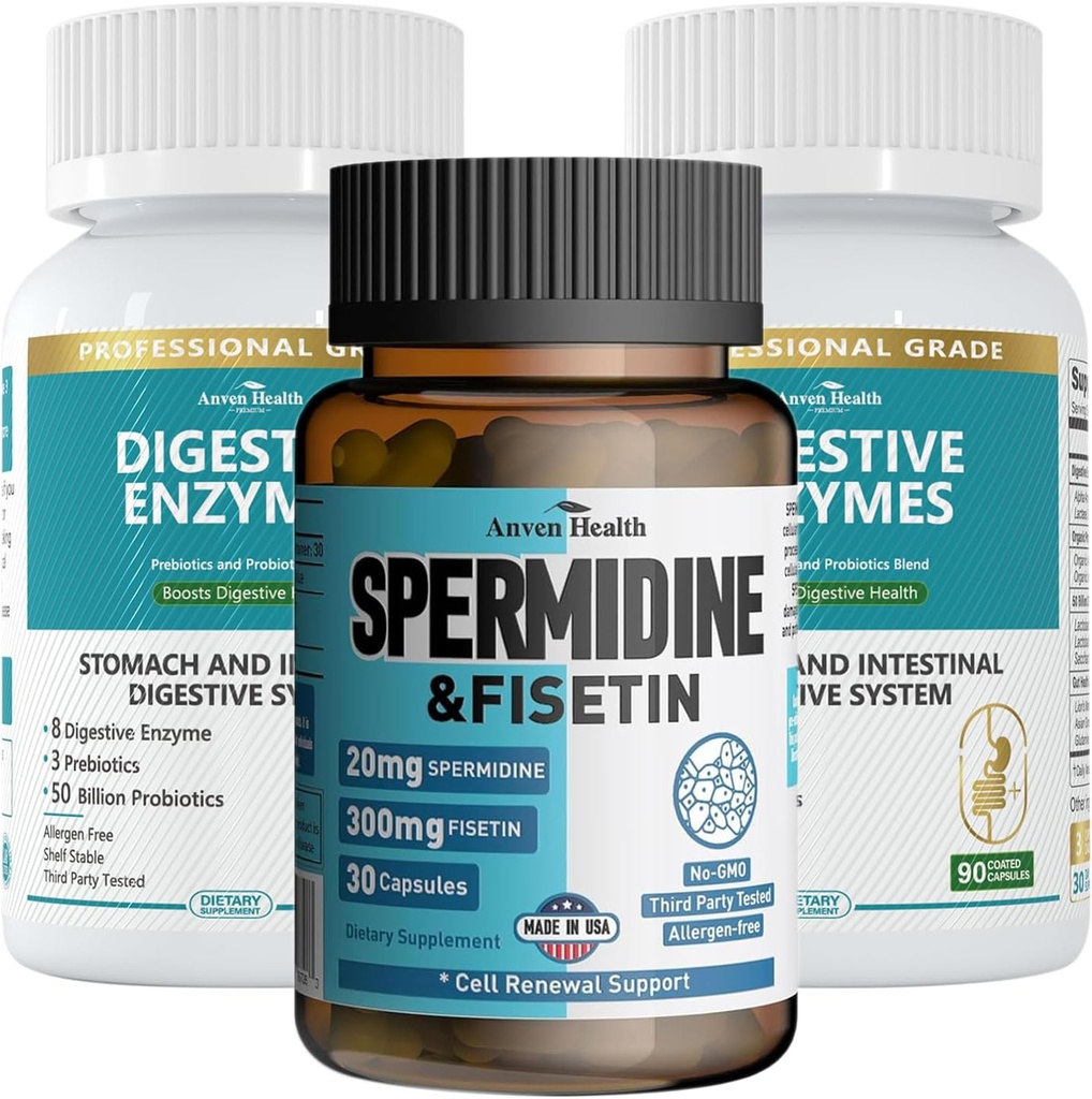 Spermidine & Fisetin Longevity Bundle: 20mg Spermidine + 300mg Fisetine + Digestieve Enzymen voor Gut Health 