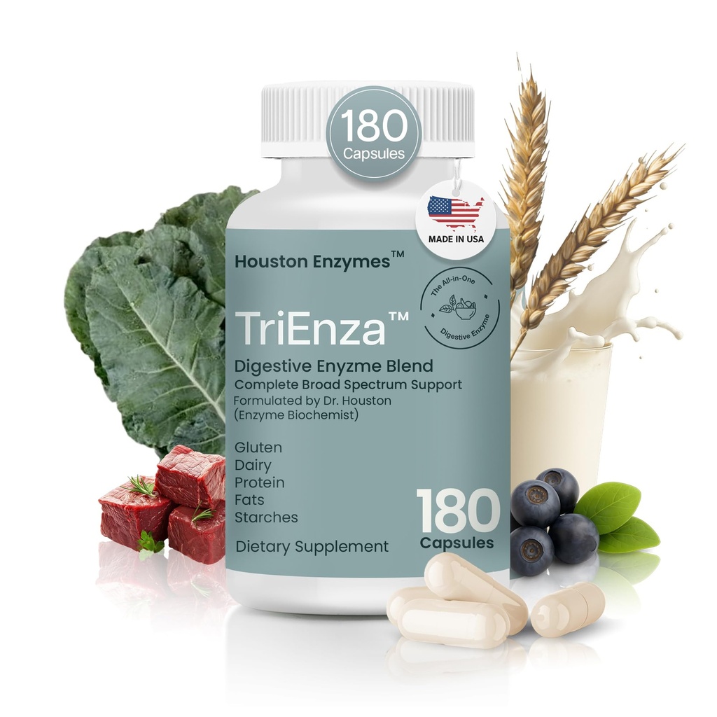 Houston Enzymen TriEnza Digestieve Enzymen voor Vrouwen & Mannen, Digestieve Enzyme Supplementen voor Eiwitten, Carbs, Vetten & Polyfenolen helpen tarwe, Zuivel, Soja, 180 Capsules (90 Doses)