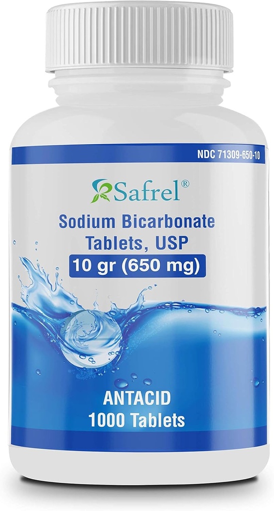 Safrel natriumbicarbonaat anti-acid 650 mg (10 graan) 1000 tabletten voor verlichting van zuur indigestie, brandend maagzuur en maagzuur