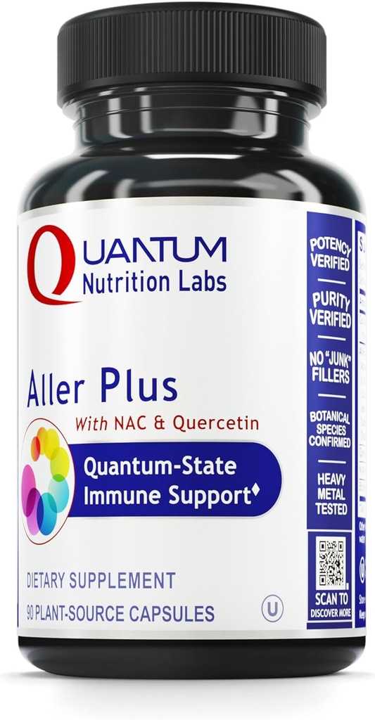 Quantum Nutrition Labs Aller Plus - A Lung Health Supplement with NAC/N-Acetyl Cysteine, Featuring Bromelain, Reishi Mushroom & Quercetin, Immune Support Formula - 90 Vegetarische Capsules