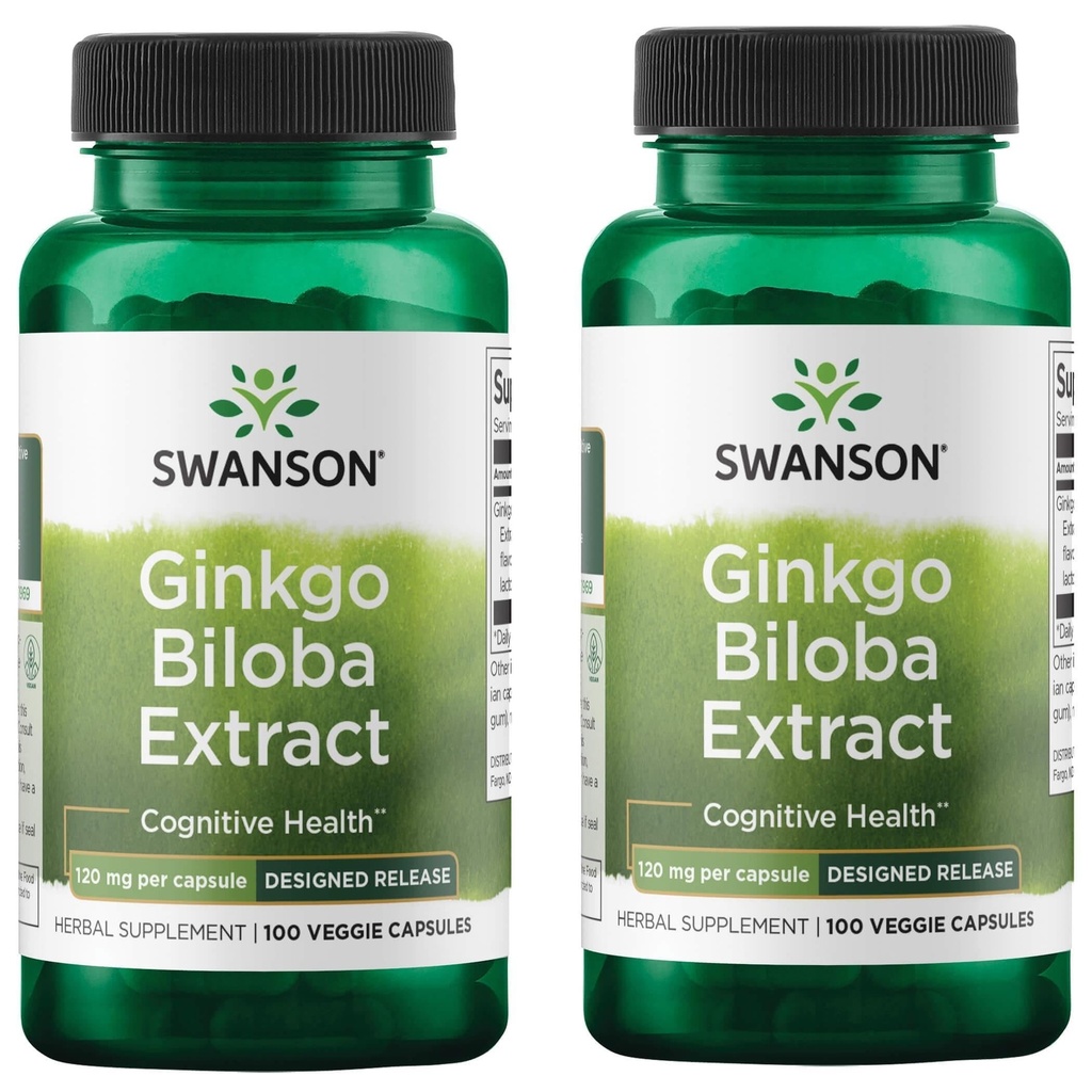 Swanson Ginkgo Biloba Extract Gestandaardiseerde Vertraagde Release Geheugen Hersen Cognitieve Functie Health Supplement 120 mg (24% flavoneglycosiden, 6% Terpene lactonen) 100 Veggie Drcaps (2 Pack)
