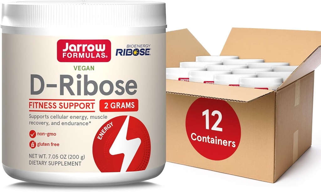 Jarrow Formulas D-Ribose Powder - 200g - Dieetsupplement ondersteunt spierherstel, energie & endurance - 100% puur - veganistisch - niet-GMO - ongeveer 90 porties, verpakking van 12