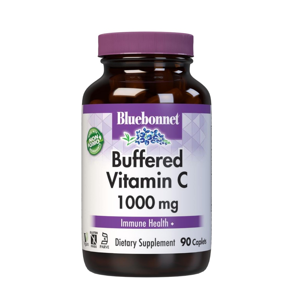 BlueBonnet Nutrition Gebufferde vitamine C1000 mg plantaardige capsules Gebufferd calciumascorbaat voor Immune Health Sojavrij Glutenvrij NonGMO Kosher Zuivelvrij Vegan plantaardige capsules, Citrus, 90 Tel.