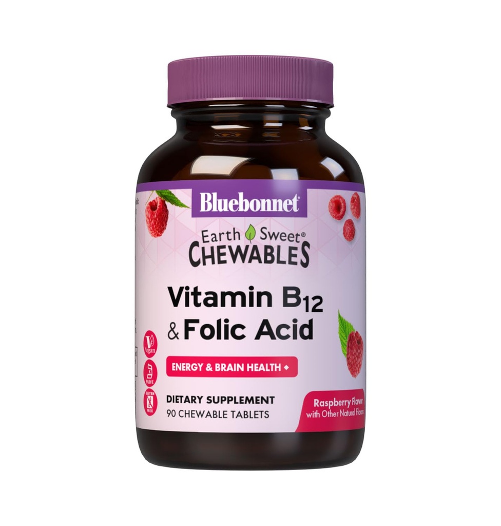 BlueBonnet Nutrition Earth Sweet Vitamin B12 & Folic Acid Kauwtabletten, Sojavrij, Glutenvrij, Raspberry 90 Tellen (Pack of 1)