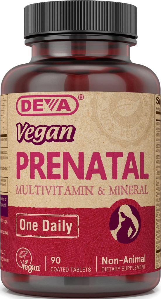 DEVA Vegan Prenatale Multivitamine en Minerale Supplement - Once-Per-Day Formule - Vitaminen A, C, D, E, K, B Complex, met Folate & Chelated Iron - 90 gecoate tabletten, 1-pack
