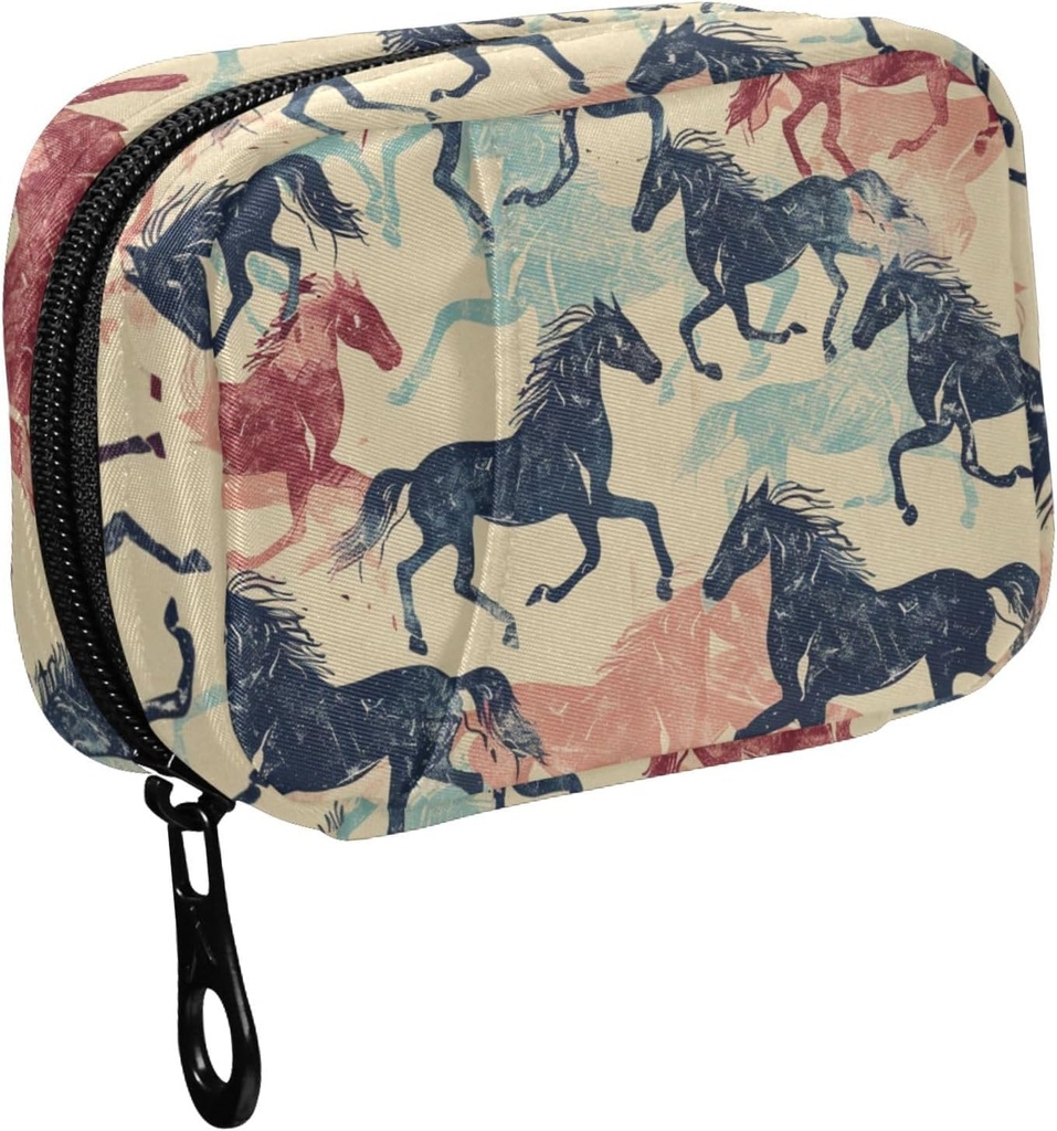 Fustyad Retro Kleurrijke lopende Horse Silhouette Pill Organizer voor Purse, Weekly Portable Pill Box met rits naar opslag Vitaminen Visolie Medicijnen Supplementen