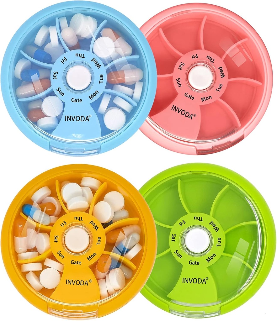 INFODA Weekly pil Organizer 7 Compartiment Rotating Pill Box voor dagelijkse medicatie & vitamines - Portable Travel Pill Case Visolie Supplementen Vitaminen Organisator (4PCS)