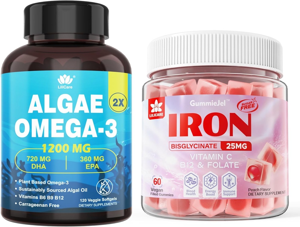 Veganistische ijzer Gummies & Plant Based Algen Omega 3 1200mg Supplement