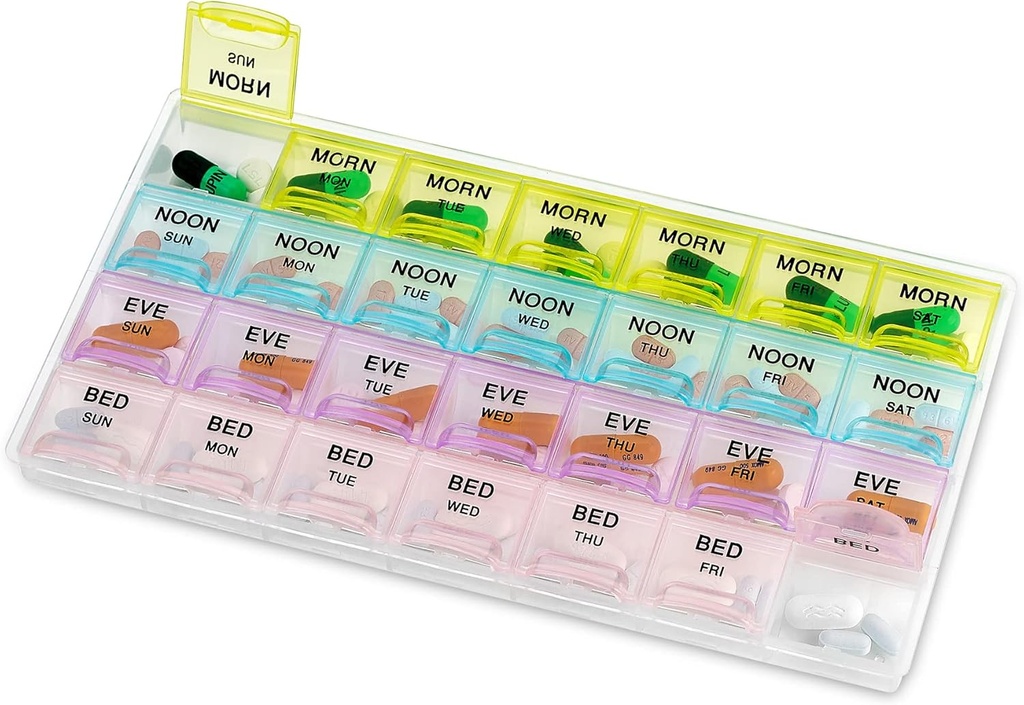 Pillen Organizer - Grote pil Organizer met Wekelijkse en Dagelijkse 4-Times-A-Day Compartments voor Morgen, Middag, Avond, Nacht - BPA-Free, Portable en Reizen Vriendelijke Pillenboxen Case