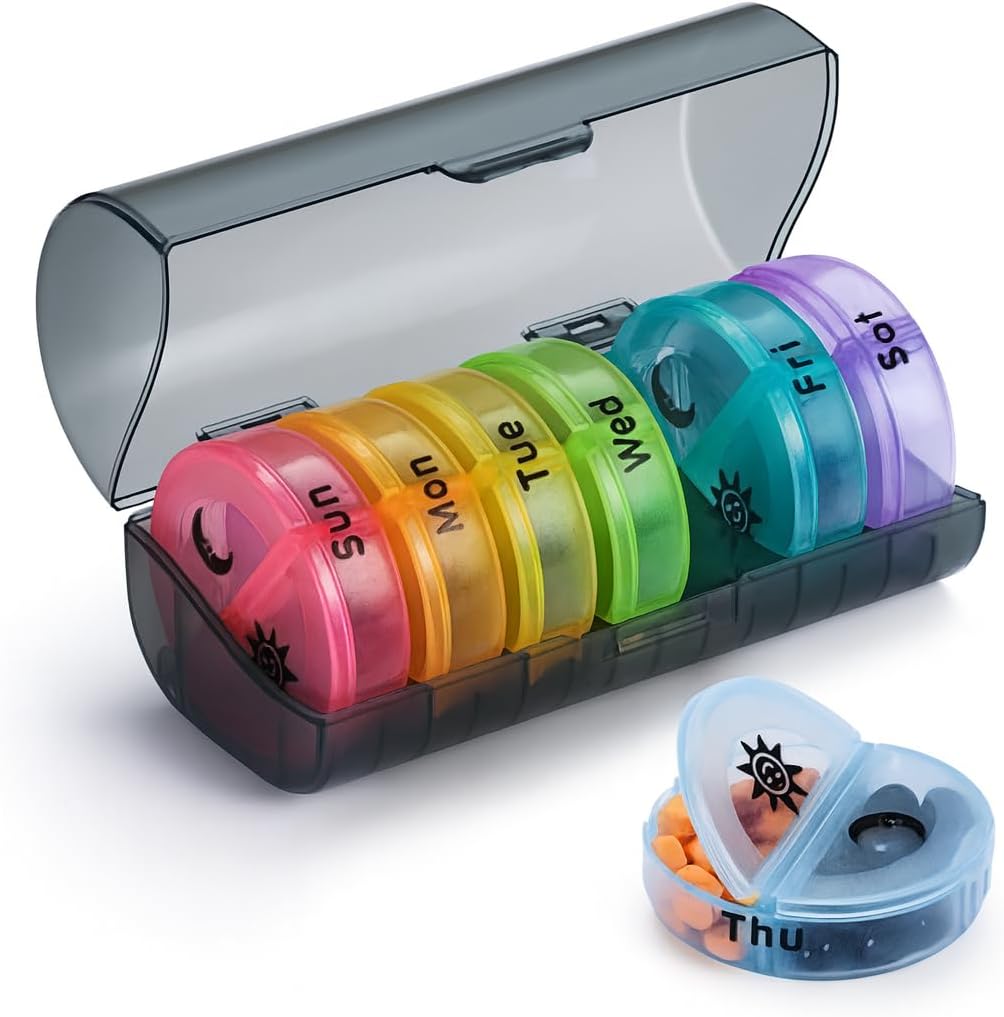 VIGOR PATH 7-Dag pil Organizer met twee appartementen per dag, Ideaal voor pillen/Vitaminen/Visolie/Suplements Opslag, BPA-Free en gemakkelijk te reinigen (zwart - kleurrijk)