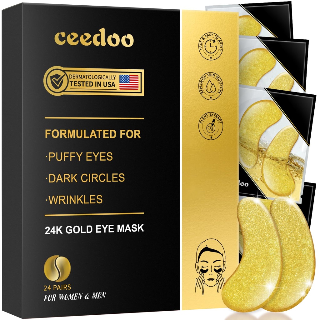 Under Eye Patches - 24 Pairs Gold Under Eye Mask for Puffy Eyes, Dark Circles, Eye Bags, Rimpels, Collageen Eye Gels met verjongende behandeling, Cadeaus voor vrouwen
