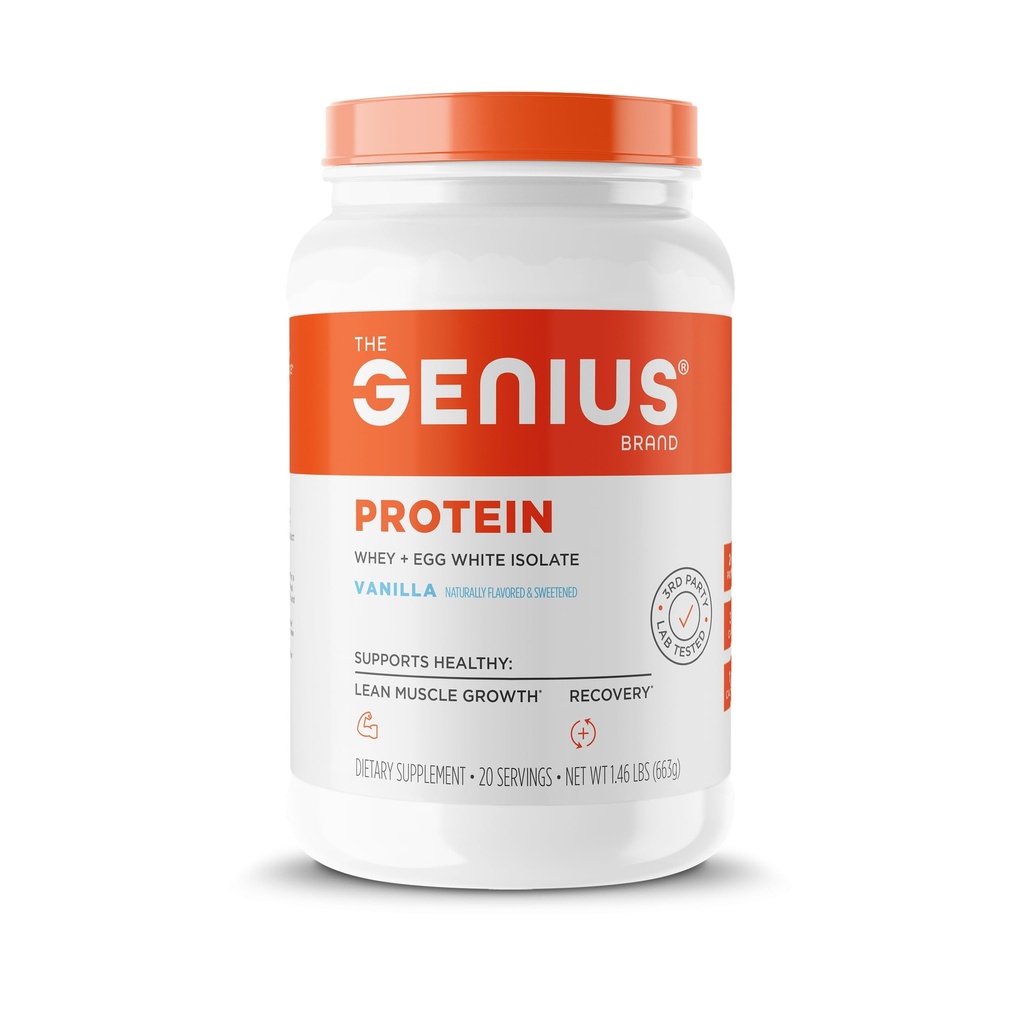 Genius Protein Powder, Vanille - Dual Protein Blend with Improved Whey Isolate & Natural Egg White for Lean Muscle Building for Men & Women - Grass-Fed Pre & Post Workout Maaltijd Vervangingsshake