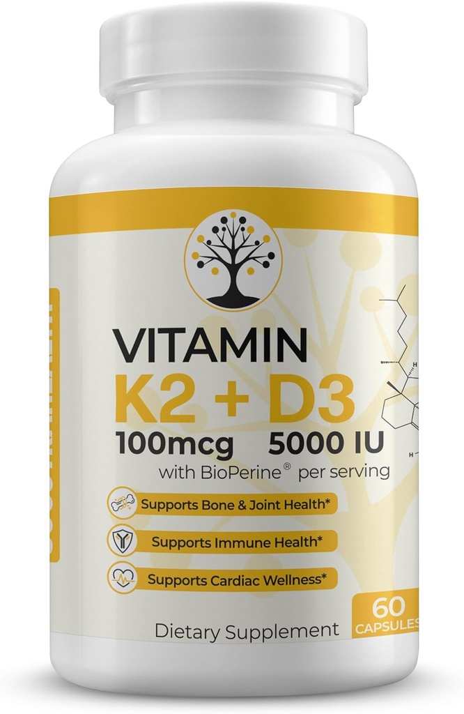 Vitamine D3 K2 Supplement, 5000 IE - Ondersteunt Immune en Hartwelzijn, Hoge Potentie, Glutenvrij, 60 capsules