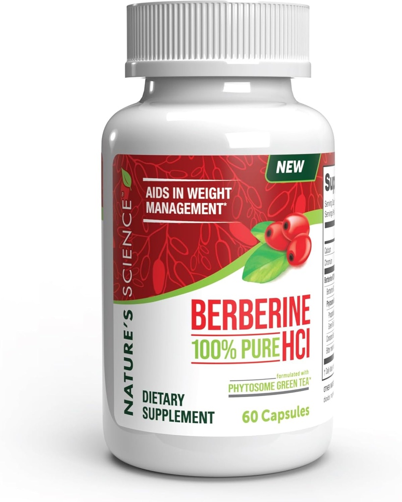 Nature's Science Berberine HCL met Phytosome Green Thee voor gewichtsmanagement, 100% Pure Clinical Grade Berberine HCL voor betere absorptie - helpt stofwisseling, houdt vol voor langere - 60 capsules