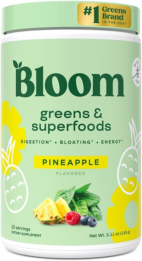 Bloom Nutrition Superfood Greens Powder, Digestieve enzymen met Probiotica en Prebiotica, Gut Health, Bloating Relief for Women, Chlorella, Green Juice Mix met Beet Root Powder, 25 SVG, Ananas