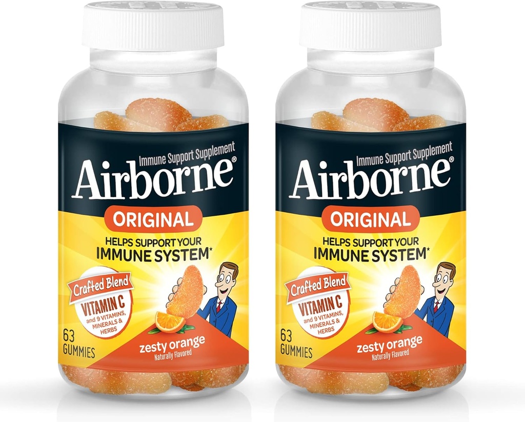 Airborne 750mg Vitamine C Immuun Ondersteuning Supplement Gummies voor volwassenen, Zesty Orange Smaak, Glutenvrij Gemaakt Blend met Krachtige Antioxidanten Vitaminen A C & E, 63 Gummies (2 Pack)