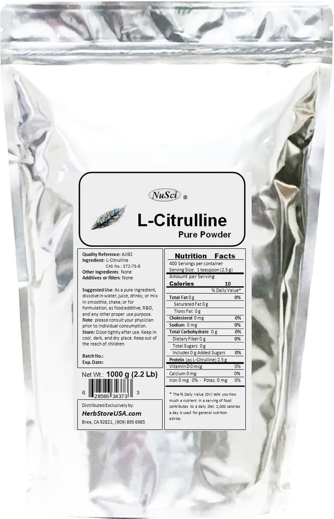 L-Citrulline 1000g (2,2 lb, 35.2 oz) Zuiver poeder, stikstofoxide, AJI92 kwaliteitsnorm.
