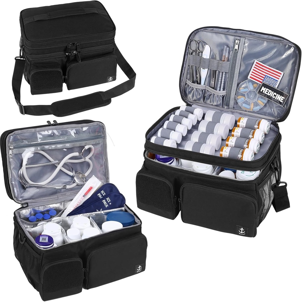 Double Layers Medicine Bag met geïsoleerde compartiment pil fles Organizer met afsluitbare rits, reis Geneeskunde Organizer met zachte schouder riemen voor pil flessen, medische benodigdheden