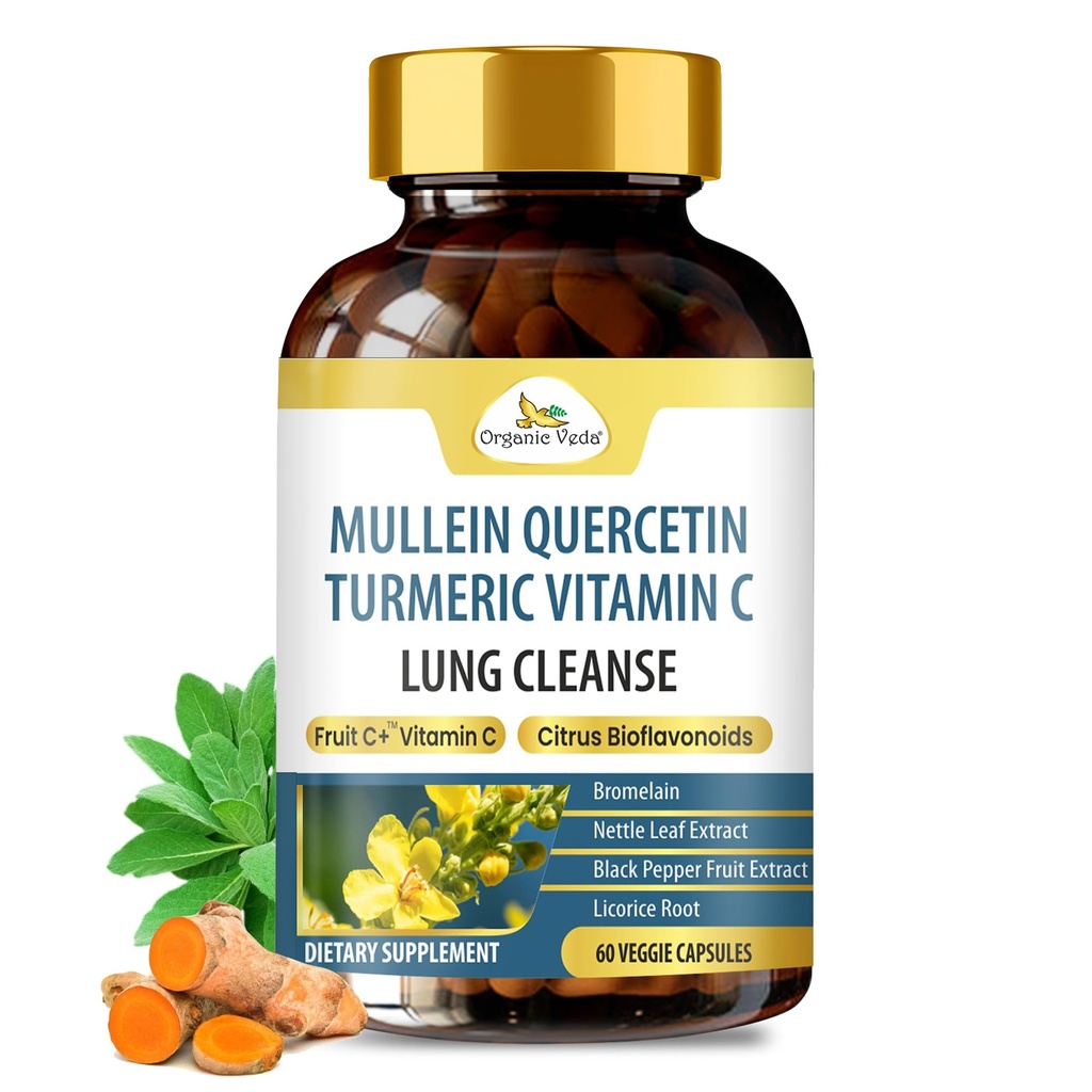 Biologische Veda Mullein Kurkuma Quercetin Lung Cleanse Capsules - Krachtige Bioflavonoïden, Superfruiten Vitamine C, Bromelain, Mullein Leaf Extract - Bronchial & Clear Lungs Supplement - 60 Vegan Pillen