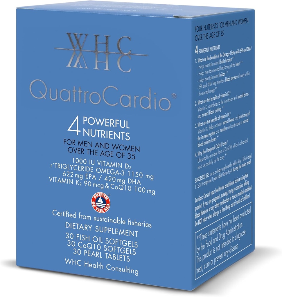 WHC QuattroCardio Omega-3 1200 mg, Vitamine D3 1000 IE, EPA 600 mg, DHA 495 mg, Vitamine K2 90 mcg, CoQ10 100 mg, Natuurlijk Oranje, 30 Fish Oil Softgels, 30 CoQ10 Softgels & 30 Pearl Tablets Vitamine K2+D3