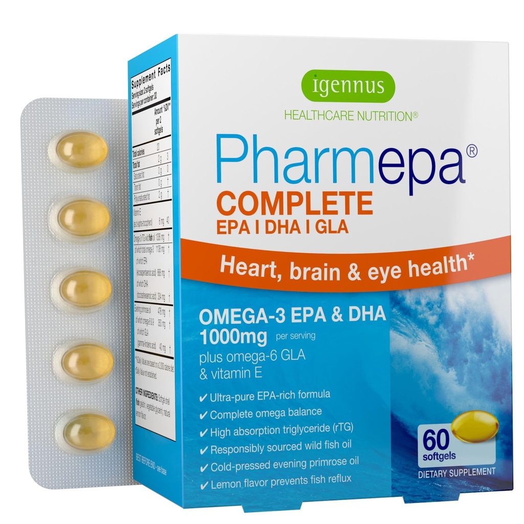 Igennus Pharmepa Complete EPA 668mg & DHA 334mg Omega-3 Vetzuren 1000mg, IFOS Certified, RTG Form, High Potency Fish Oil Plus Omega-6 & 9 van GLA Evening Primrose Oil, Lemon Flavor, 60 Softgels