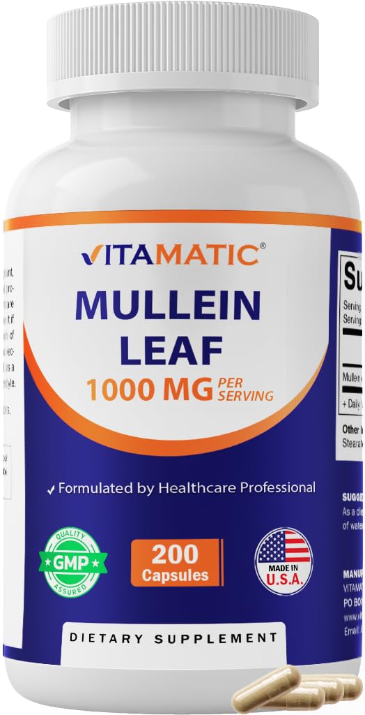 Vitamatic Mullein Leaf 1000mg per portie - Ondersteunt gezonde ademhaling, bronchiale en immuunfunctie - 200 capsules