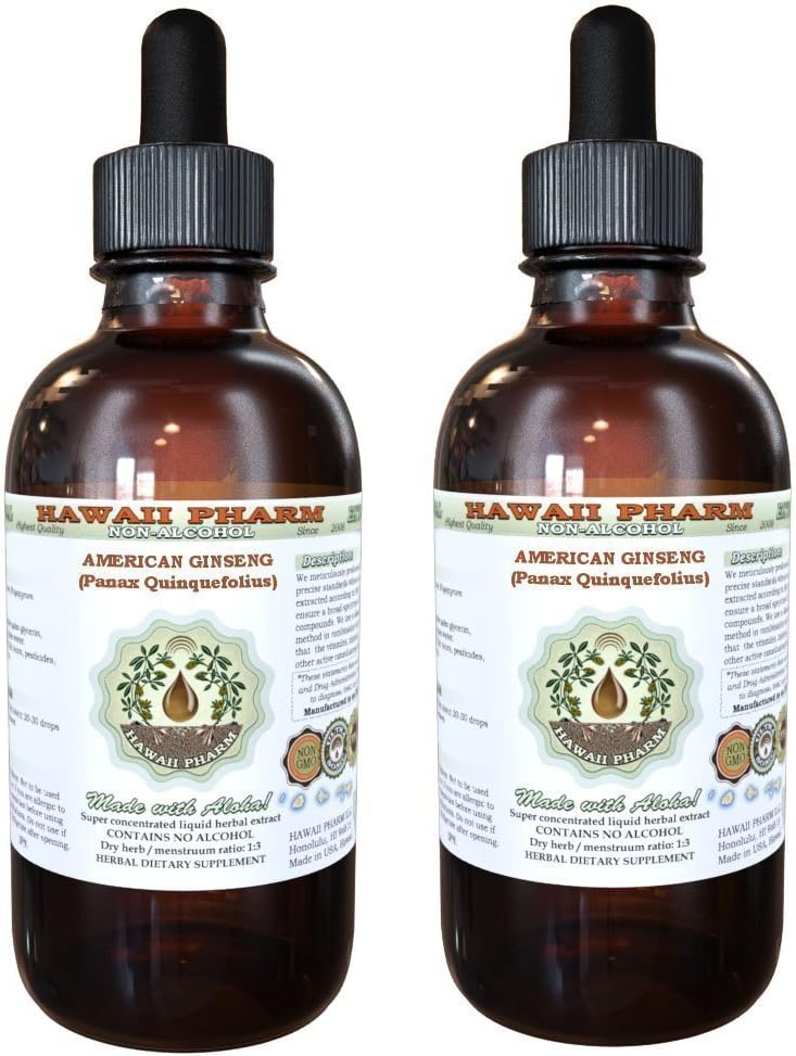 American Ginseng Alcohol-Free Liquid Extract, Ginseng (Panax Quinquefolius) Dried Root Glycerite Hawaii Pharm Natural Herbal Supplement 2x4 oz