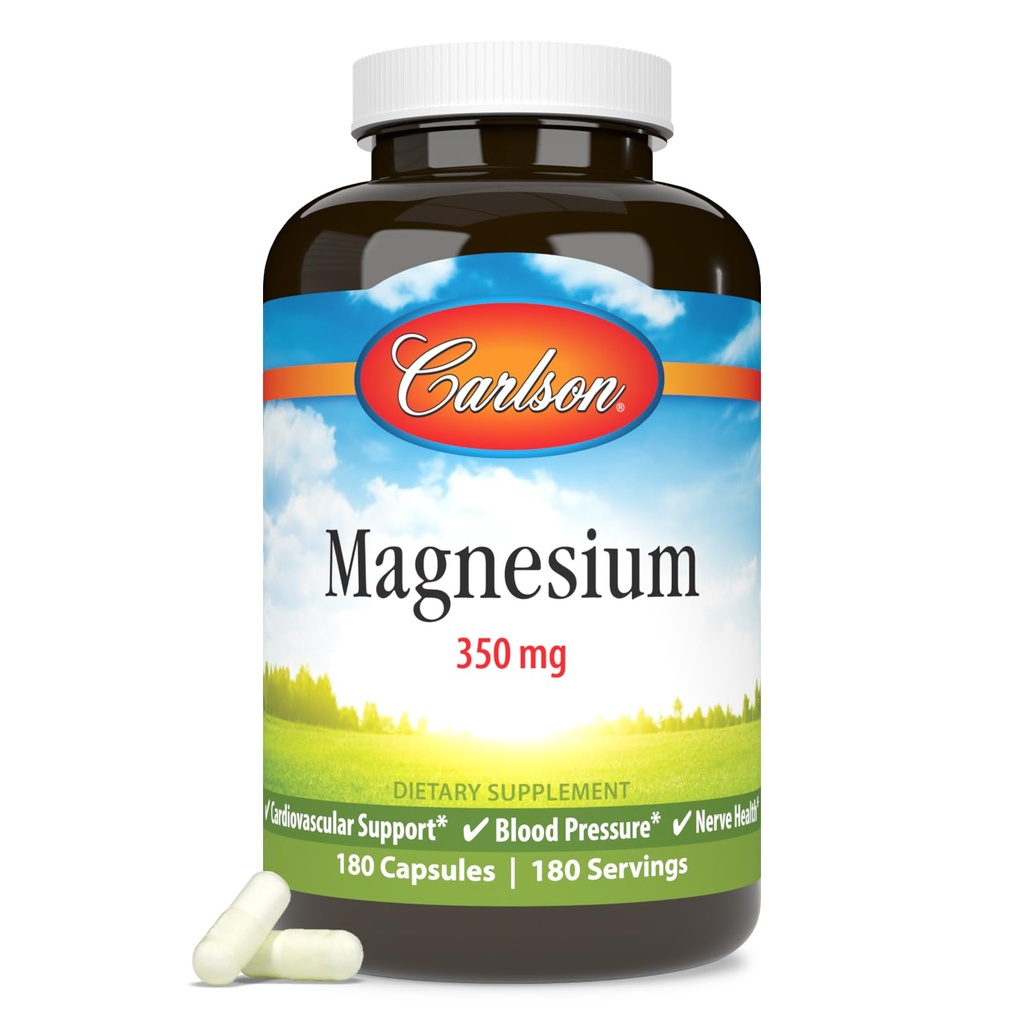 Carlson - Magnesium, 350 mg, Cardiovasculaire ondersteuning, Spierfunctie & Zenuwgezondheid, 180 capsules