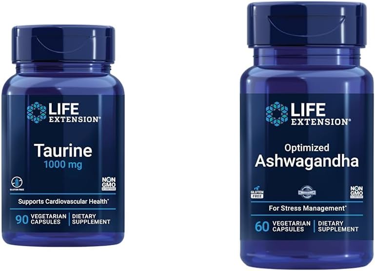 Life Extension Taurine 1000mg en Ashwagandha 60 Capsules - Hersenen, Hart, Lever Gezondheid en Stress Management Supplement Bundle