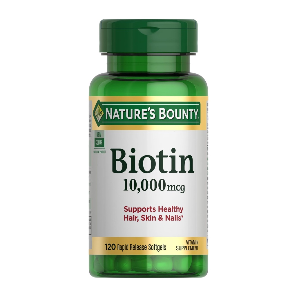 Nature's Bounty Biotin Hair Skin and Nails Vitamins, Supports Healthy Hair, Skin and Nails, 10,000 mcg, 120 Softgels (Pack of 1)