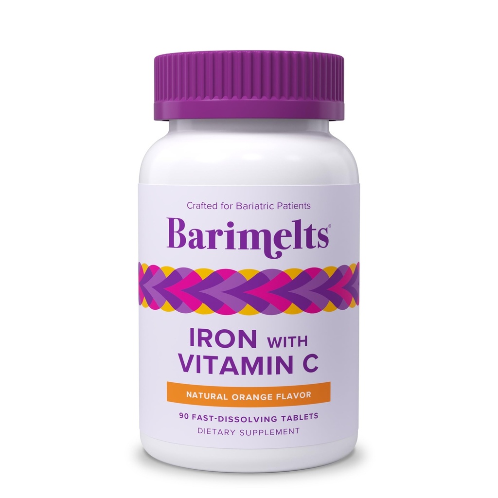 Barimelts Iron with Vitamin C, 90 Fast-Dissolving Tablets (1-Month Supply), Sugar-Free Bariatric Iron Supplement for Women, Natural Orange Flavor​