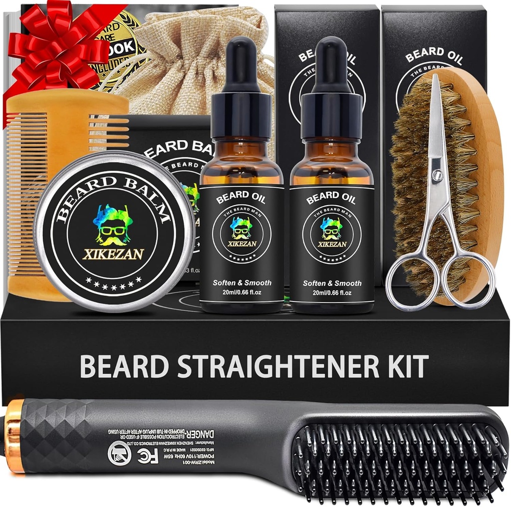 XIKEZAN Baard Kit voor mannen Grooming & Straightening Set,w/Baard Straightener, 2 Pack Oil, Balm, Comb, Schaar, Borstel, Verjaardag Valentijnsgeschenken voor hem papa mannen vriendje kerst Stocking Stuffers