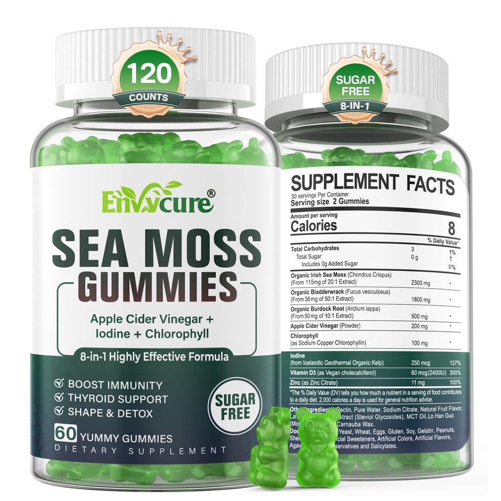 Sea Moss Gummies Sugar-Free, Extra sterkte Ierse Moss Gel Supplement met Jodium, Chlorofyl, Ongefilterd ACV, D3, Burdock Root, Bladerwrack voor Immune, Digestief, Huid, Haar, Det