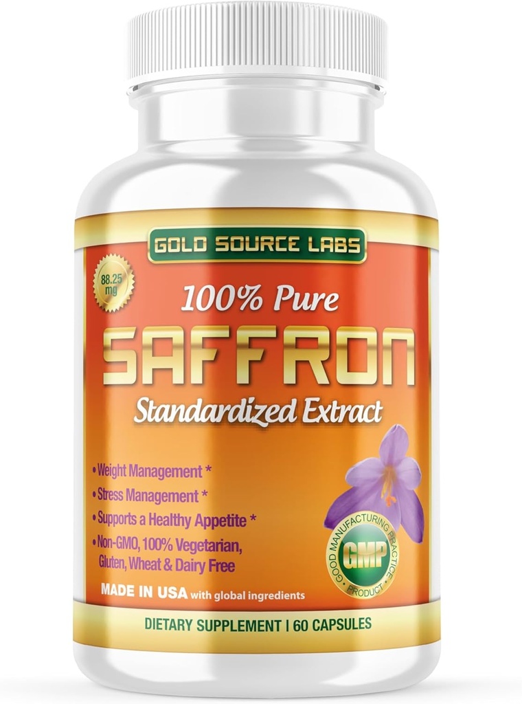 Saffron Extract Supplement - 88,25 mg Capsules met genormaliseerd ,3% Safranal Extract Plus Pure Saffron Poeder, 60 Maximale sterkte Vegetarische pillen - Premium Appetite en Eye Supplement