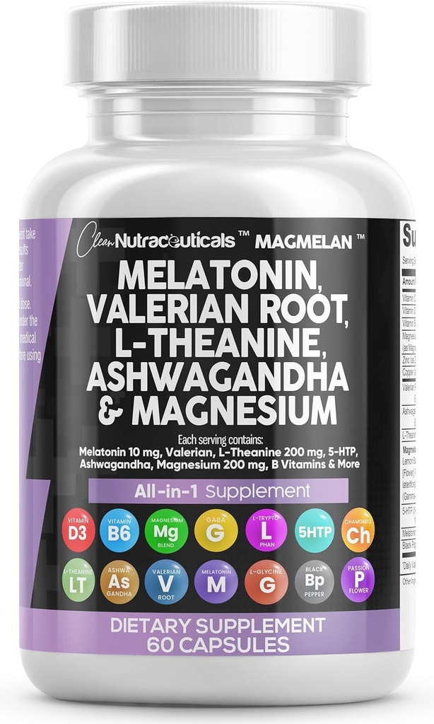 Clean Nutraceuticals Melatonin 10mg Valerian Root L Theanine 200mg Ashwagandha - Sleep Support for Women & Men with Magnesium Complex, Lemon Balm, Chamomile, & Passion Flower - 60 Caps