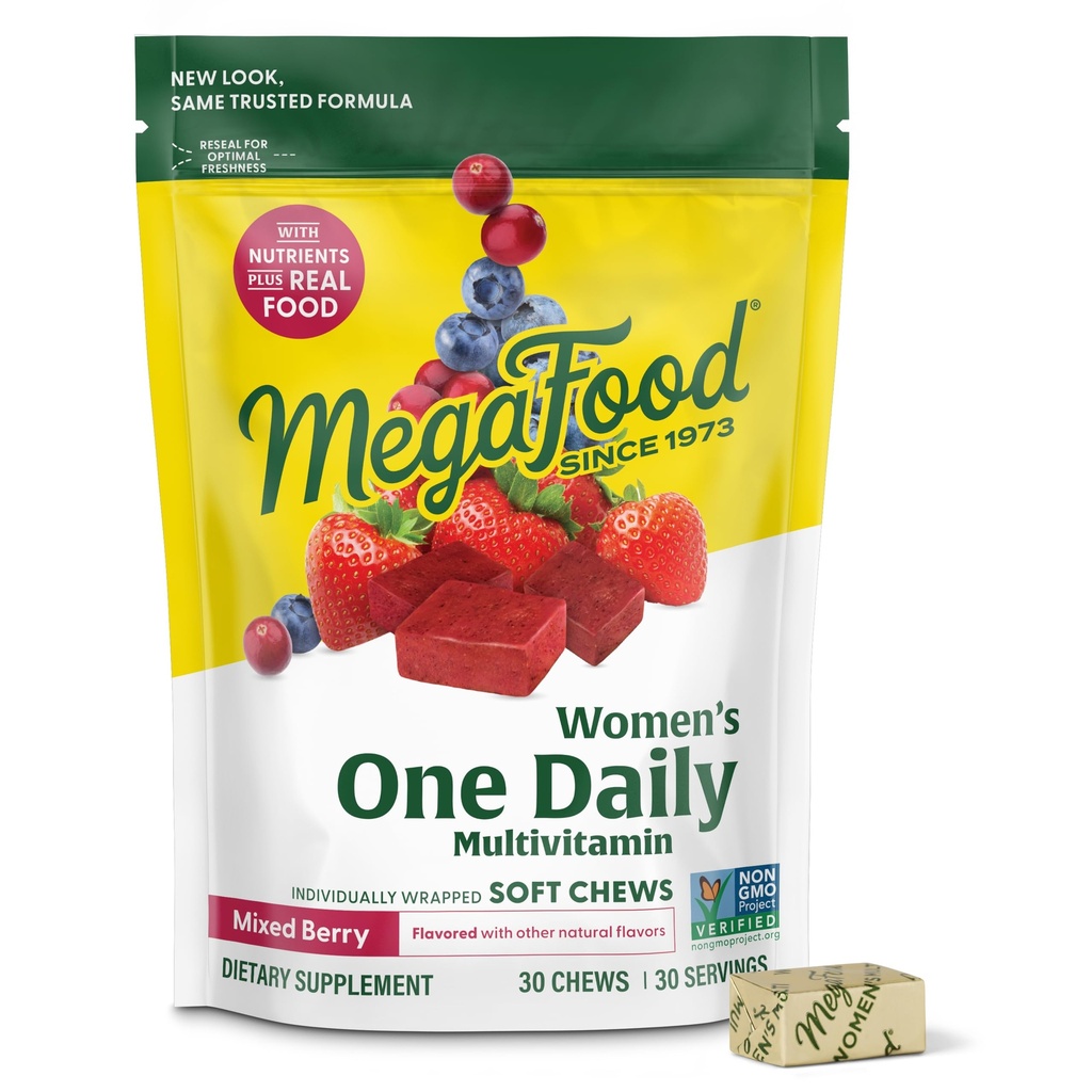 MegaFood Women's One Daily Multivitamine Zachte Kauwen - Multivitamine voor vrouwen met Folaat, Vitamine B6, B12, Biotine, Vitamine D - Delicious Mixed Berry Flavor - Vegetarisch, Niet-GMO - 30 Kauwen