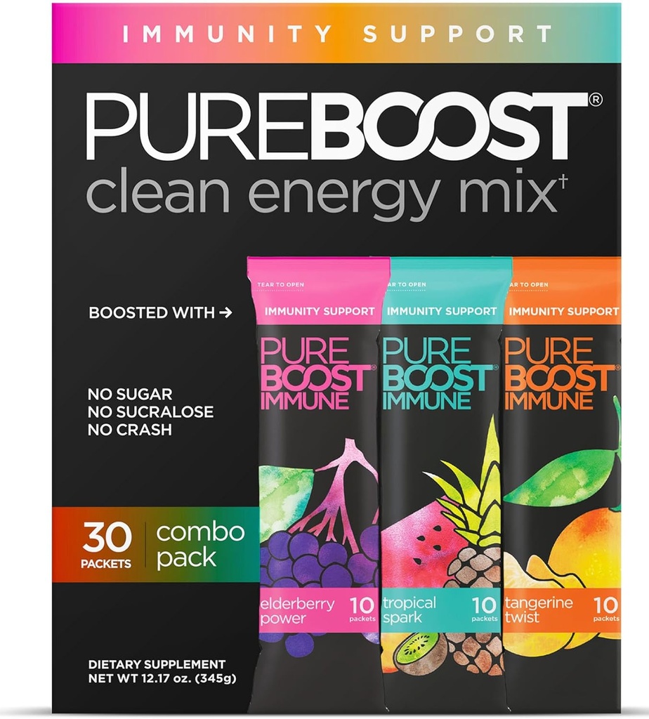 Pureboost Immune Clean Energy Booster, Verfrissende Energie Drink Mix en Immuniteit Supplement met Vlierbes, 1.200 mg Vitamine C, Vitaminen A + D, en Zink. Suikervrij (Combo Pack, 30 Tellen)