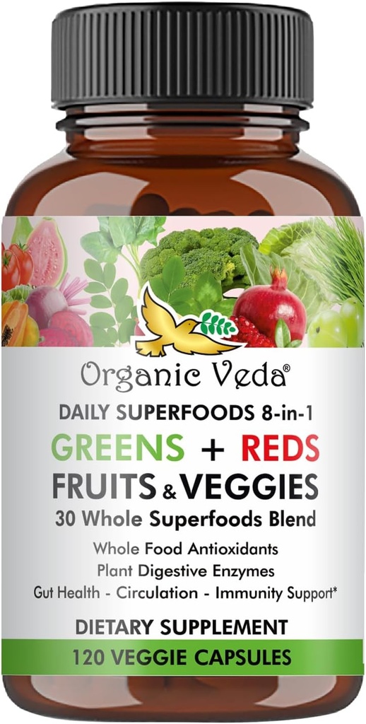 Biologische Veda Super Greens Reds Veggies Capsules - 8 in 1 Dagelijkse 30 Hele biologische Superfoods Fruit & groenten Supplement - Papaya Enzymes, Spirulina, Chlorella, Moringa, Beet, Kurkuma - 120 Veganistisch
