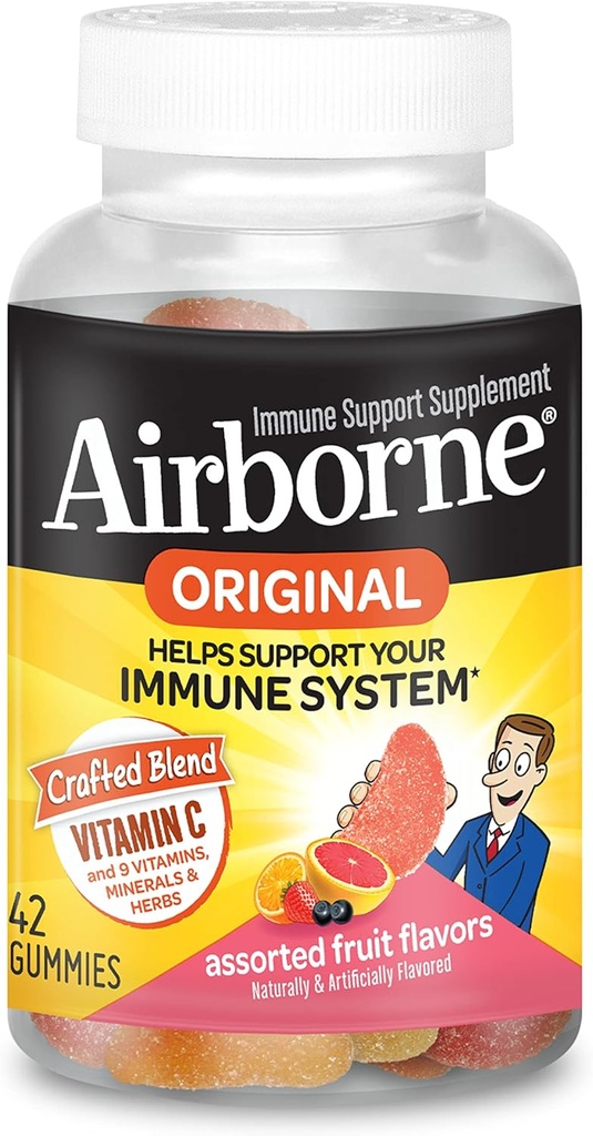 Airborne Vitamine C 750mg (per portie) Gesorteerde fruitsmaak Gummies (42 Tel in een fles), Glutenvrije immuunsupport Supplement met vitamines A C E, Selenium, Echinacea & Gember