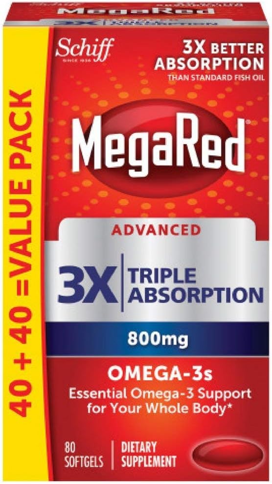 MegaRed Advanced 6X Absorption 800mg Omega-3s Fish Oil with EPA/DHA, No Fishy Aftertaste Supports Heart, Brain, Joint and Eye Health, 80 Count Softgels (2 Pack)