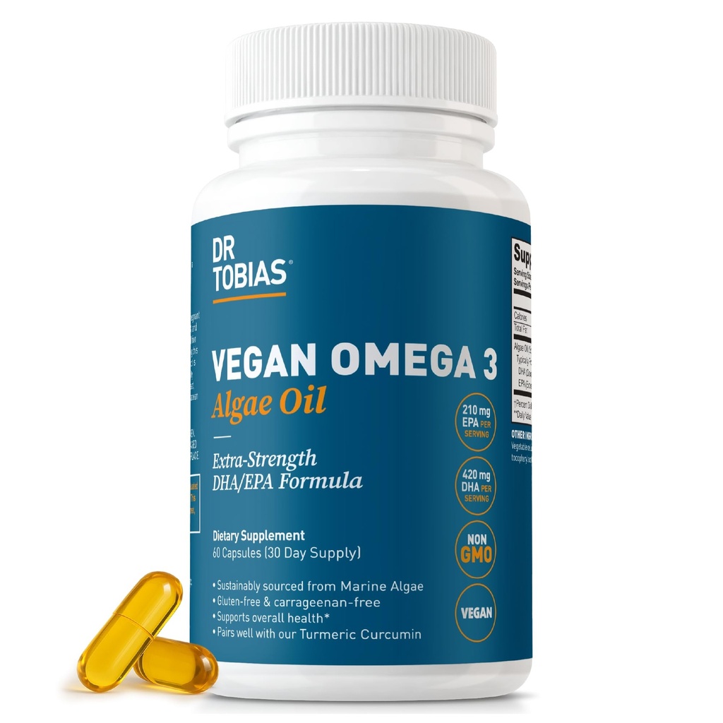 Dr. Tobias Vegan Omega 3 Supplement, 1400mg Algenolie, 420mg DHA, en 210mg EPA per Serving, Non-GMO, Gluten-Free, Carrageen-Free, 60 Capsules, 30 Servers