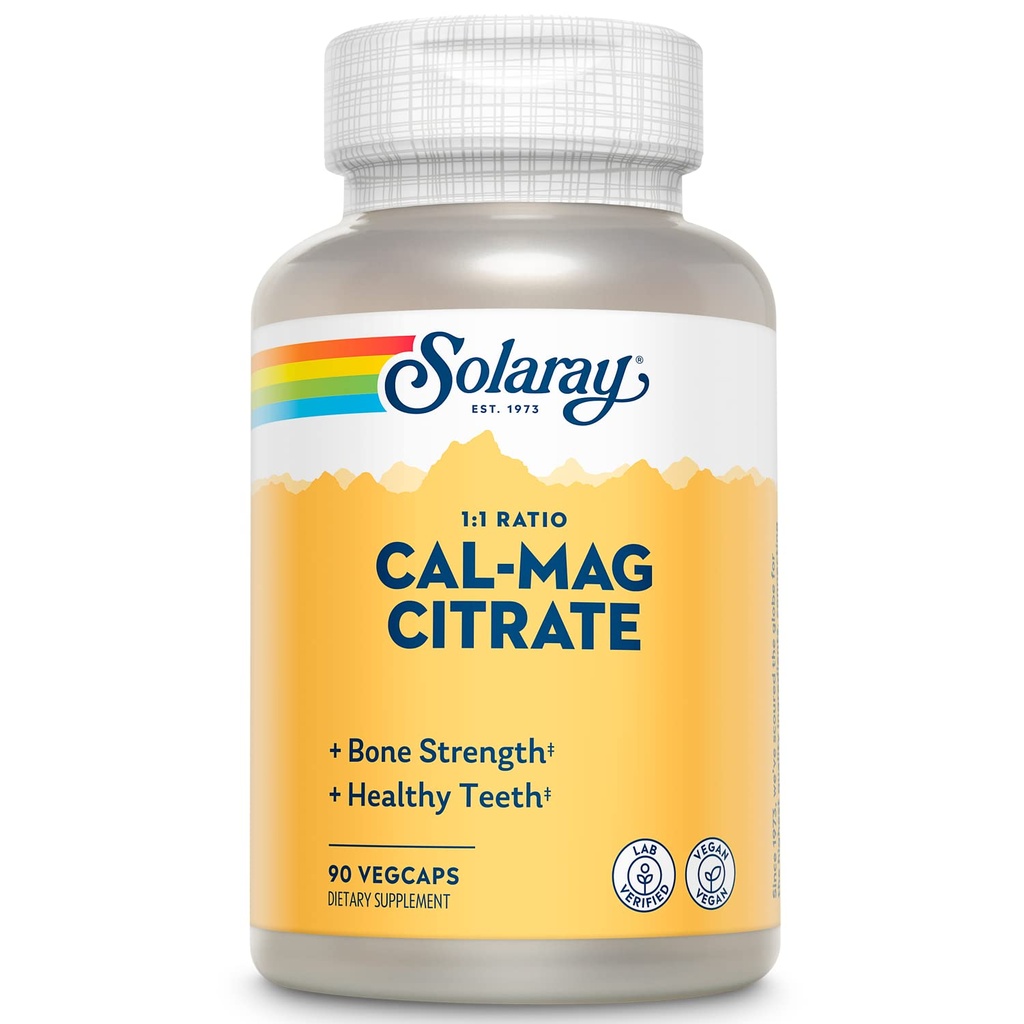 Solaray Calcium Magnesium Citrate 1000mg 1:1 Ratio, Bone Strength Supplement, Spier, Zenuwstelsel en Bone Health Support, Vercheld voor hoge absorptie, Voorzichtige spijsvertering, 15 porties, 90 VegCaps