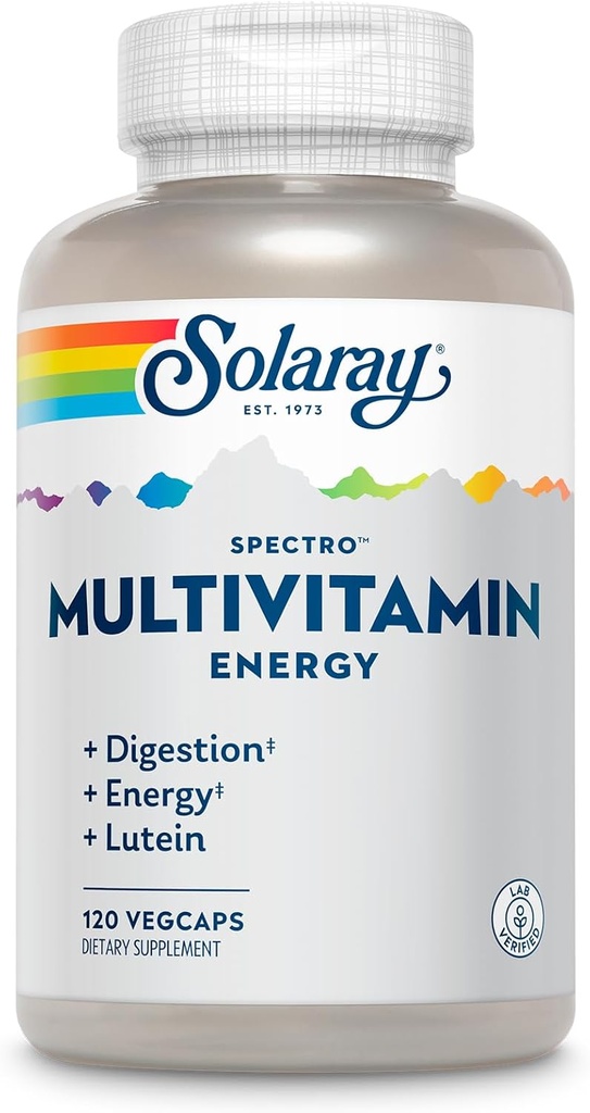 SOLARAY Spectro Energy Multivitamine voor vrouwen en mannen - Cellular Energy, Digestion, Eye Health and Immune Support - w/Vitamine A, Vitamine B Complex, CoQ10, ijzer, enzymen, Luteïne - 30 Serv, 120 VegCaps