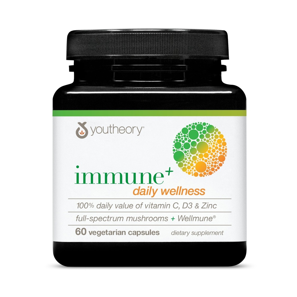 Youtheory Immune+ Daily Wellness - Vegetarische Immune Support Supplement met Vitamine C, Vitamine D3 & Zink* - Paddestoelsupplement met Turkije Tail, Cordyceps & Reishi - 60 Vegetarische Caps