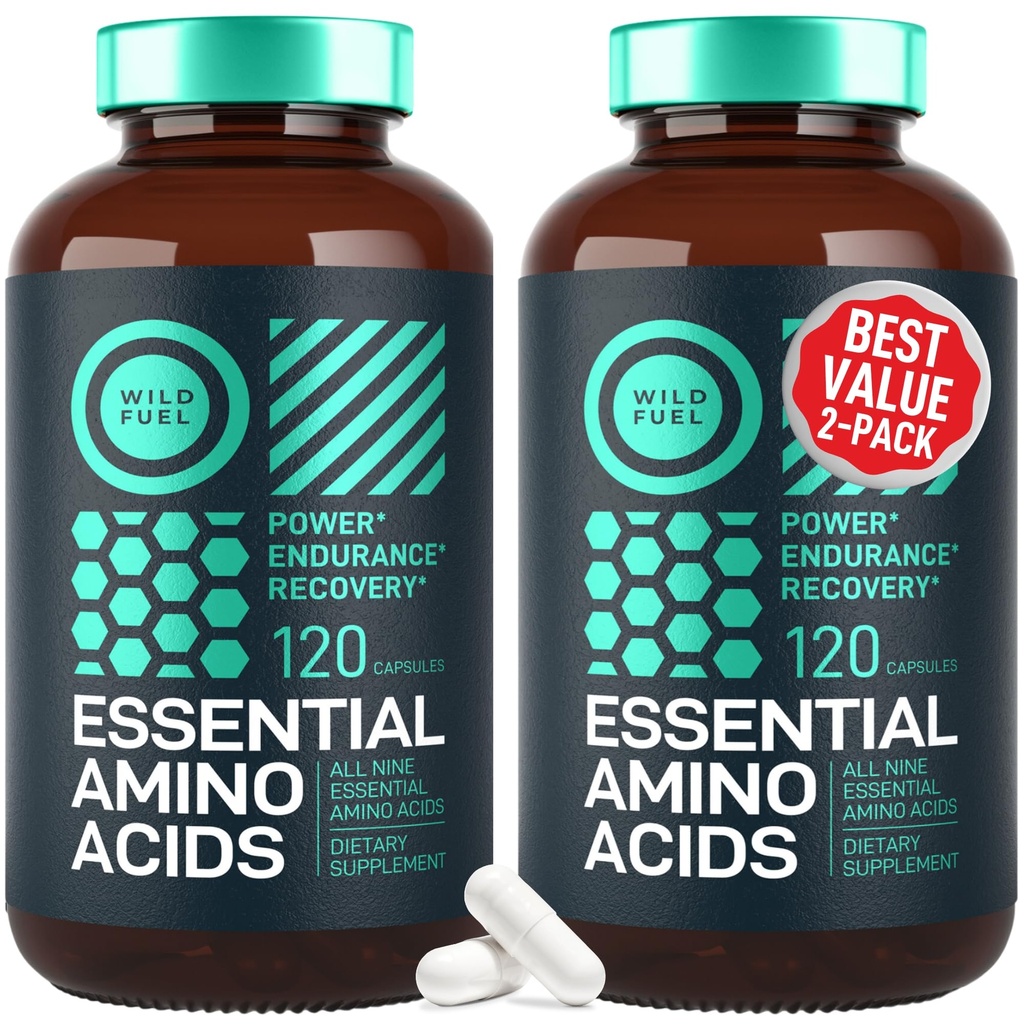 WILD BRANDSTOF Essentiële Aminozuren Supplement voor vrouwen en mannen - Alle 9 BCAA's Aminozuur Complex for Power and Recovery - EAA Lysine, Tryptofaan, Isoleucine - 2 Pack 240 Vegan BCAA Capsules