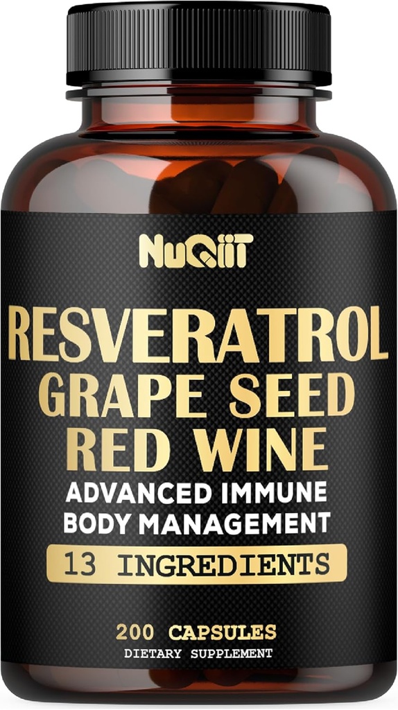 Trans Resveratrol Supplement met rode wijn Extract, Immune & Body Management Complex - Echinacea, Knoflook Bulb, Berberine HCI, Milk Thistle & More - 200 capsules voor 100 porties