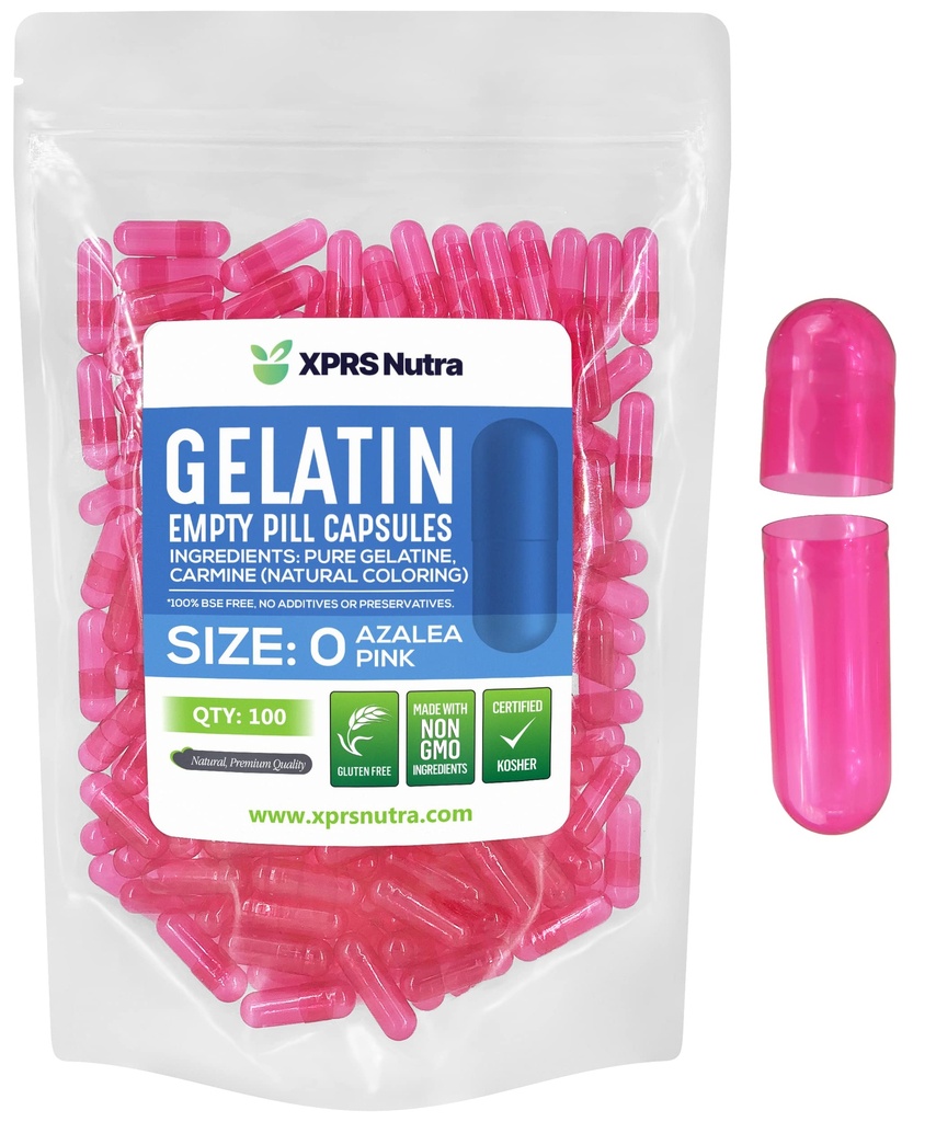 XPRS Nutra Maat 0 Lege capsules - 100 Graaf Lege Gelatine Capsules - Pillen voor DIY Capsule Vulling - Pure Bovine Pill Gel Caps for Do-It-Yourself Supplements (Azalea Pink)