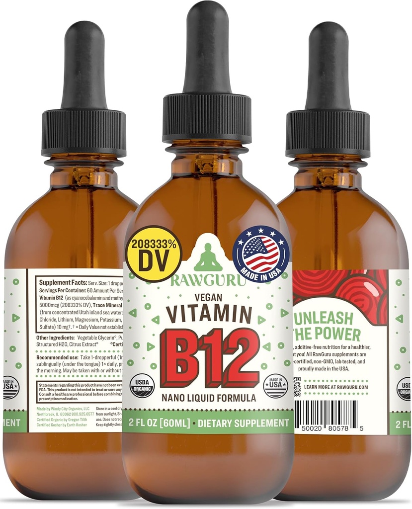 RawGuru Vitamin B12 Liquid Supplement - Biologische Vegan Liquid B12 met sporenmineralen - Nano-Processed Antioxidant & Immune Support Supplement Tinctuur - 60 porties Vegan Drops per 60 ml, Pack of 1