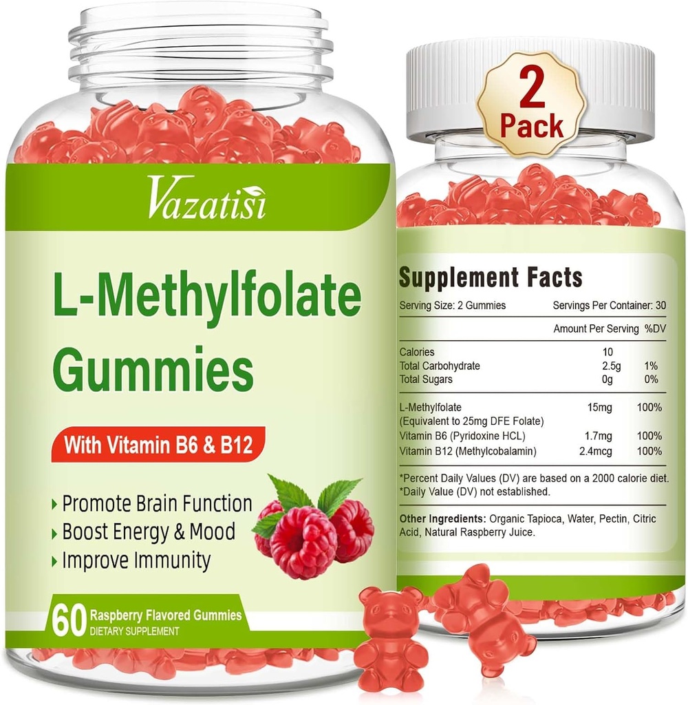L-Methylfolate 15 mg Gummies with Methyl B12, Folate Supplement for Mood, Brain Health, Immune Support, Raspberry Flavor, 120 Count
