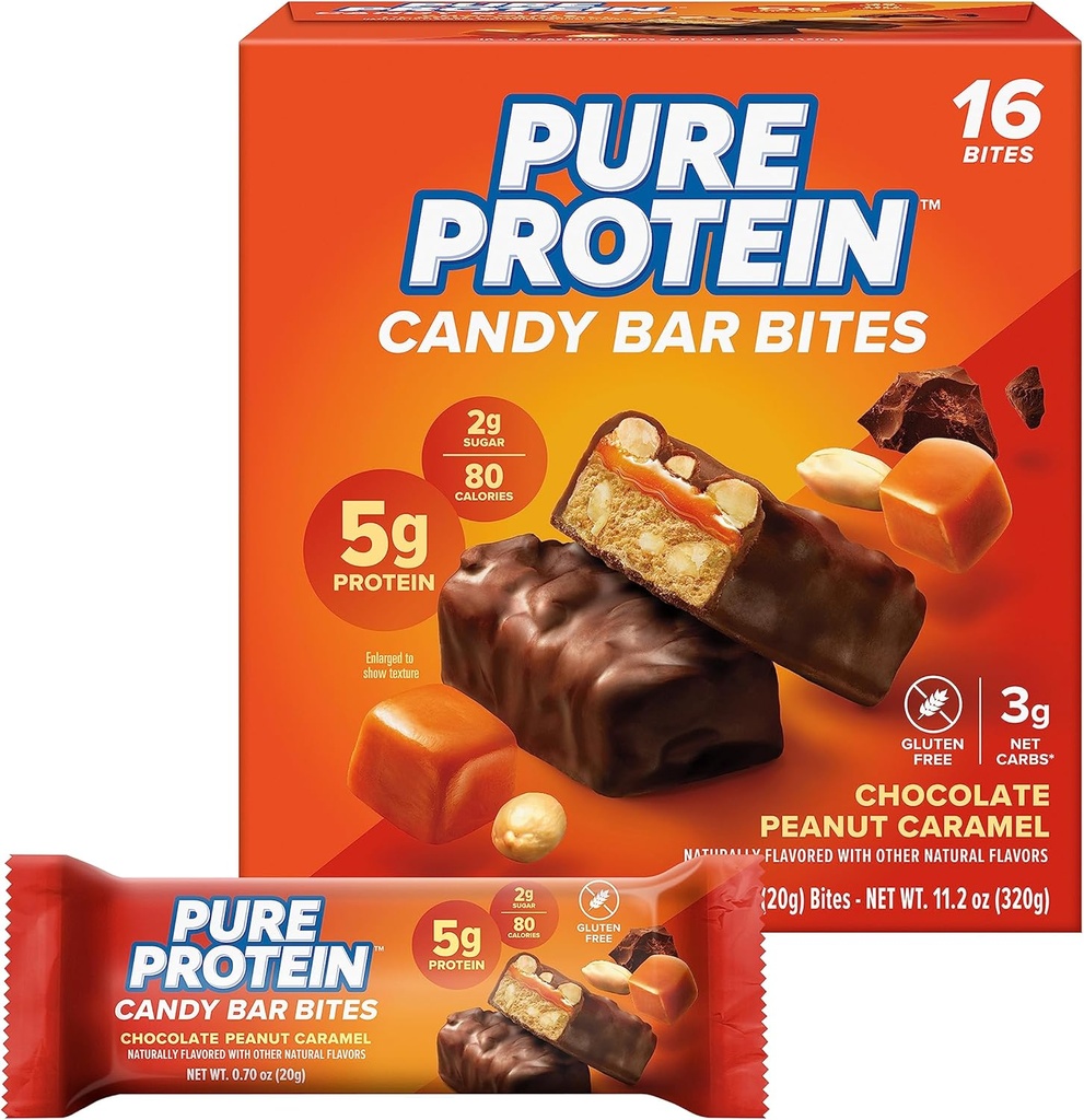 Pure proteïne Candy Bar Bites, Chocolate Peanut Caramel, 5g proteïne, glutenvrij, lage suiker, 0,70 oz, 16 Pack (Verpakking mei Vary)